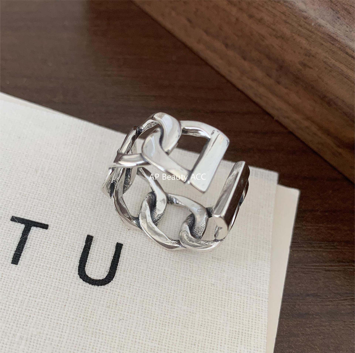 F廠-韓國韓版S925純銀簡約 個性復古泰銀 寬鎖鏈方條開口戒指指環「J549」25.12-2