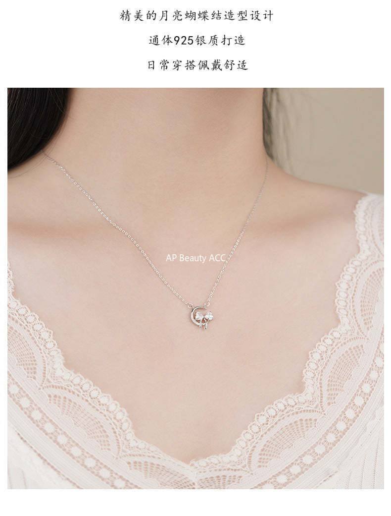 D廠-純銀S925月亮蝴蝶結項鍊甜美公主少女心精美吊墜鎖骨鏈批發「YC2587N_1」25.12-1