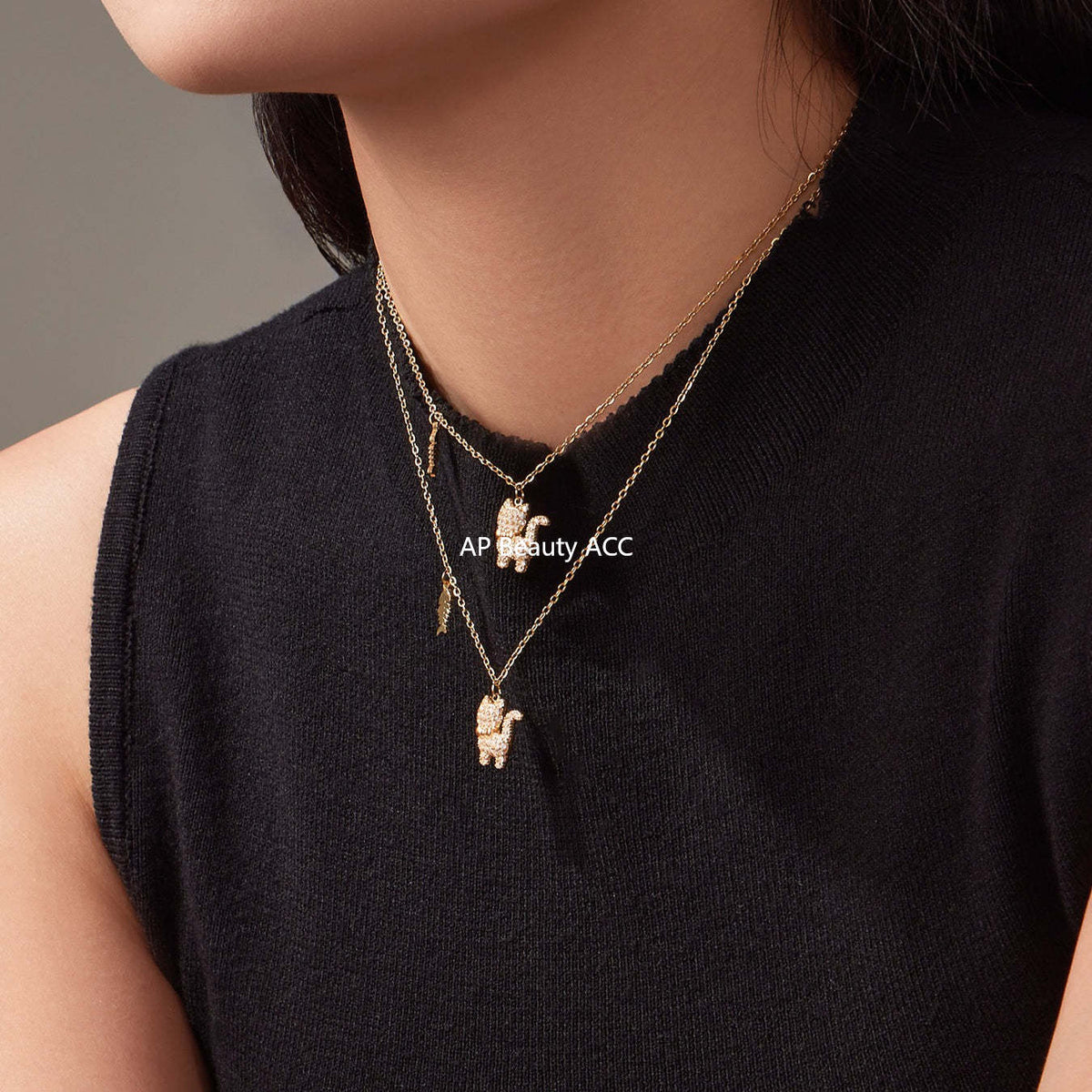 B廠-時尚可愛小貓帶鑽吊墜手鍊項鍊套裝不鏽鋼鍍18k真金不掉色「TXP464」25.11-3