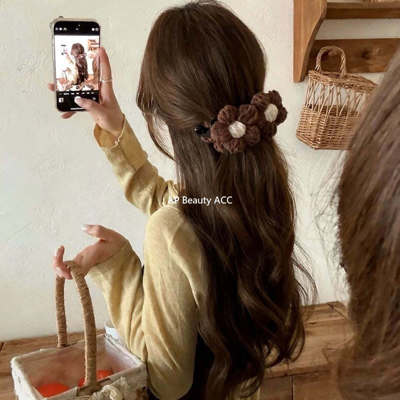 E廠-復古毛線花朵香蕉夾竪夾女秋冬飽滿後腦勺高馬尾抓夾氣質百搭髮夾「27628」25.11-1