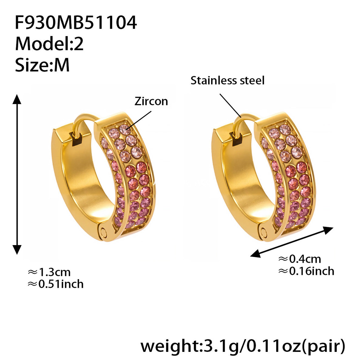 B廠-ins風高質量彩色5A鋯石圓圈卡扣耳環不鏽鋼鍍18k真金耳飾女「F930」25.11-2