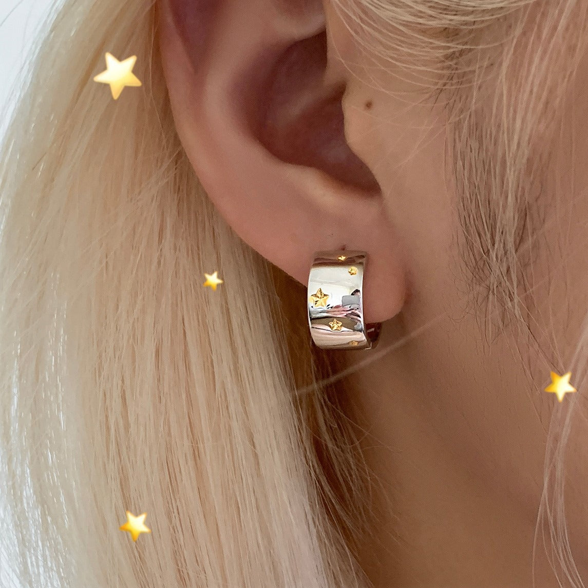 C廠-925銀針金銀撞色星星耳環女ins小眾設計日韓版寬面耳圈輕奢耳飾「EH-4166」25.10-2