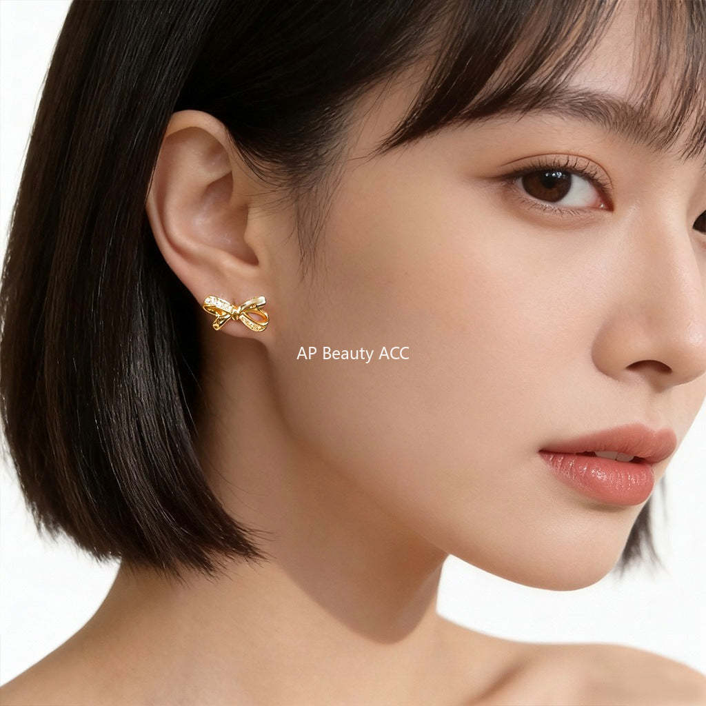 A廠-原創芒星微鑲鋯石蝴蝶結s925銀針耳環創意新款輕奢風耳飾工廠飾品「7255」25.12-3