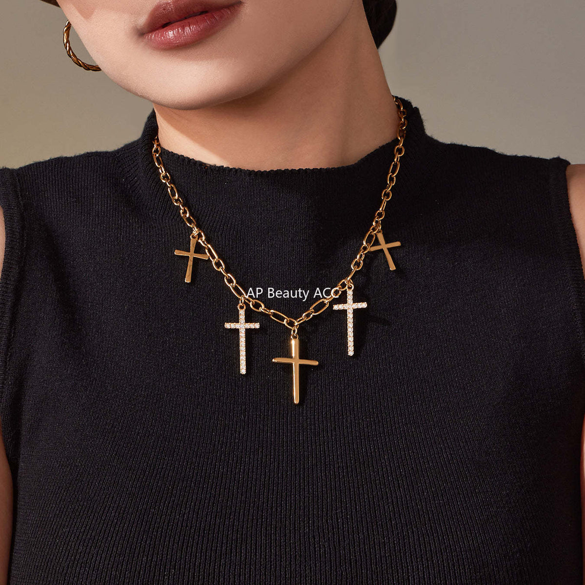 B廠-5A鋯石十字架嘻哈潮酷項鍊不鏽鋼鍍18k真金歐美風熱銷新款「P1346」25.11-3