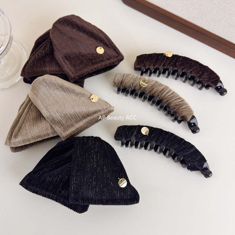 E廠-秋冬復古絨布三角抓夾輕奢純色布藝纏繞香蕉夾高級感扎馬尾竪夾「27720」25.11-4