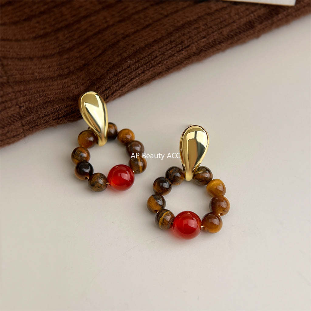 A廠-文藝復古時尚高級感天然石虎眼石幾何圓形氣質耳飾工廠耳環飾品女「7230」25.12-3