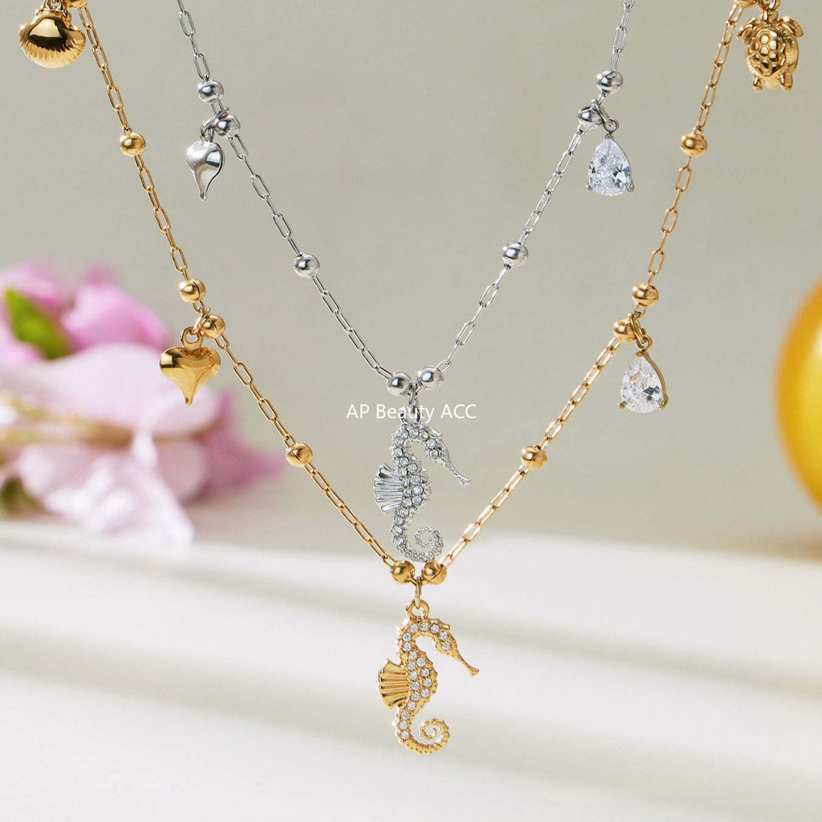 B廠-不鏽鋼DIY多配件鑲嵌鋯石海馬吊墜鎖骨項鍊鍍18k真金歐美時尚飾品「P755」25.11-4