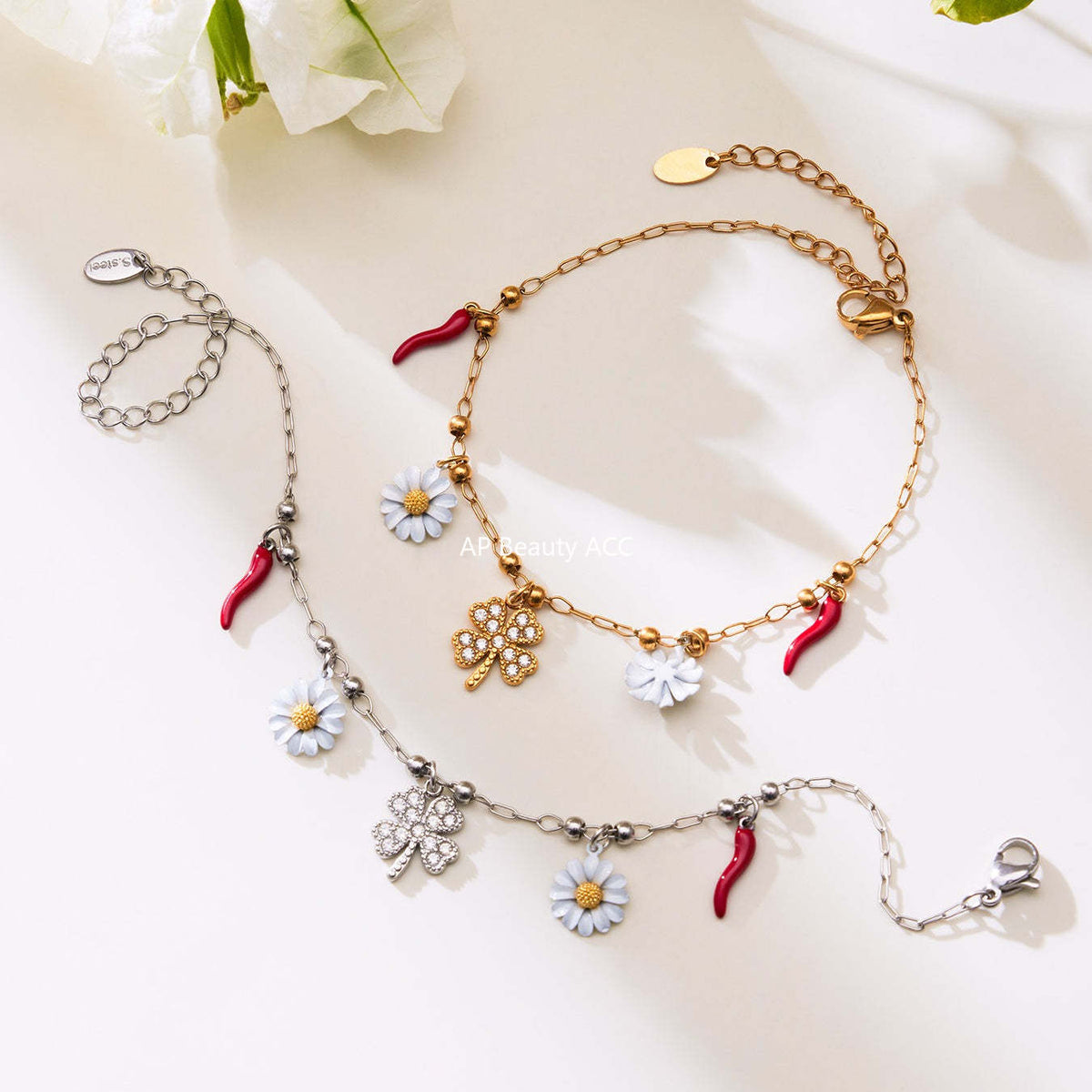 B廠-5A鋯石幸運草法國小雛菊多吊墜項鍊手鍊套裝不鏽鋼珠寶首飾「TXP483」25.11-4