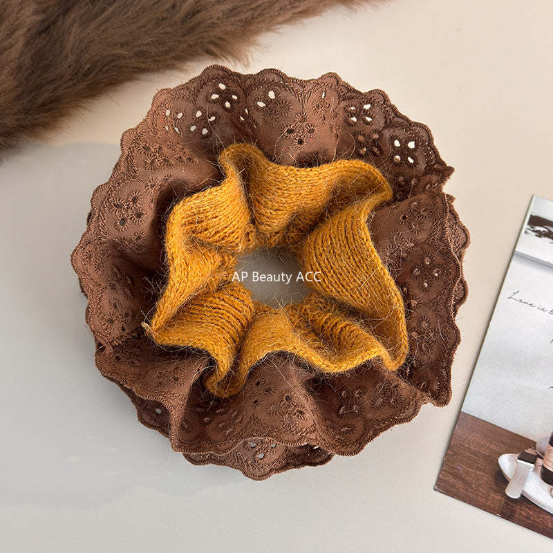 E廠-秋冬韓系毛線針織蕾絲大腸髮圈女超大丸子頭低馬尾頭繩慵懶風頭飾「27752」25.12-1