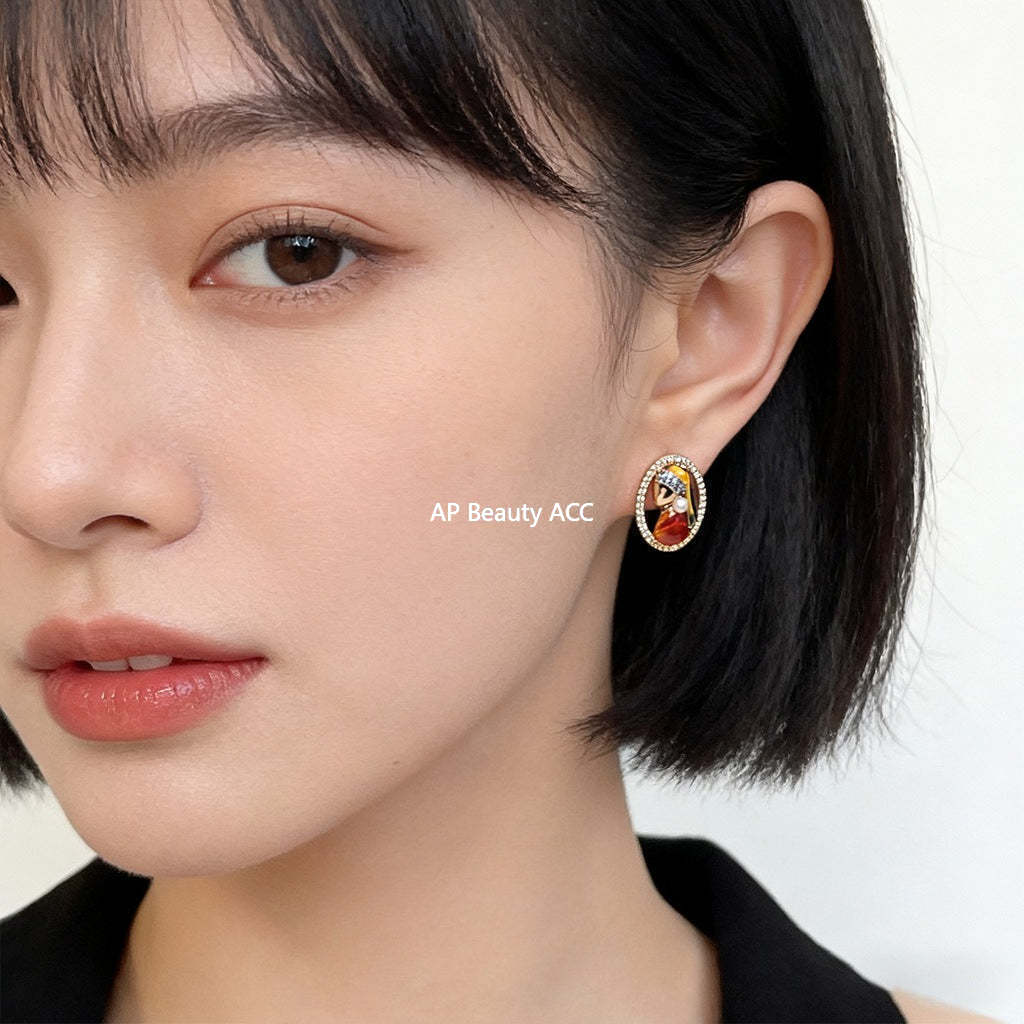 A廠-原創珍珠少女925銀針微鑲鋯石手工彩繪人像幾何耳飾 新款文藝耳釘「7239」25.12-3