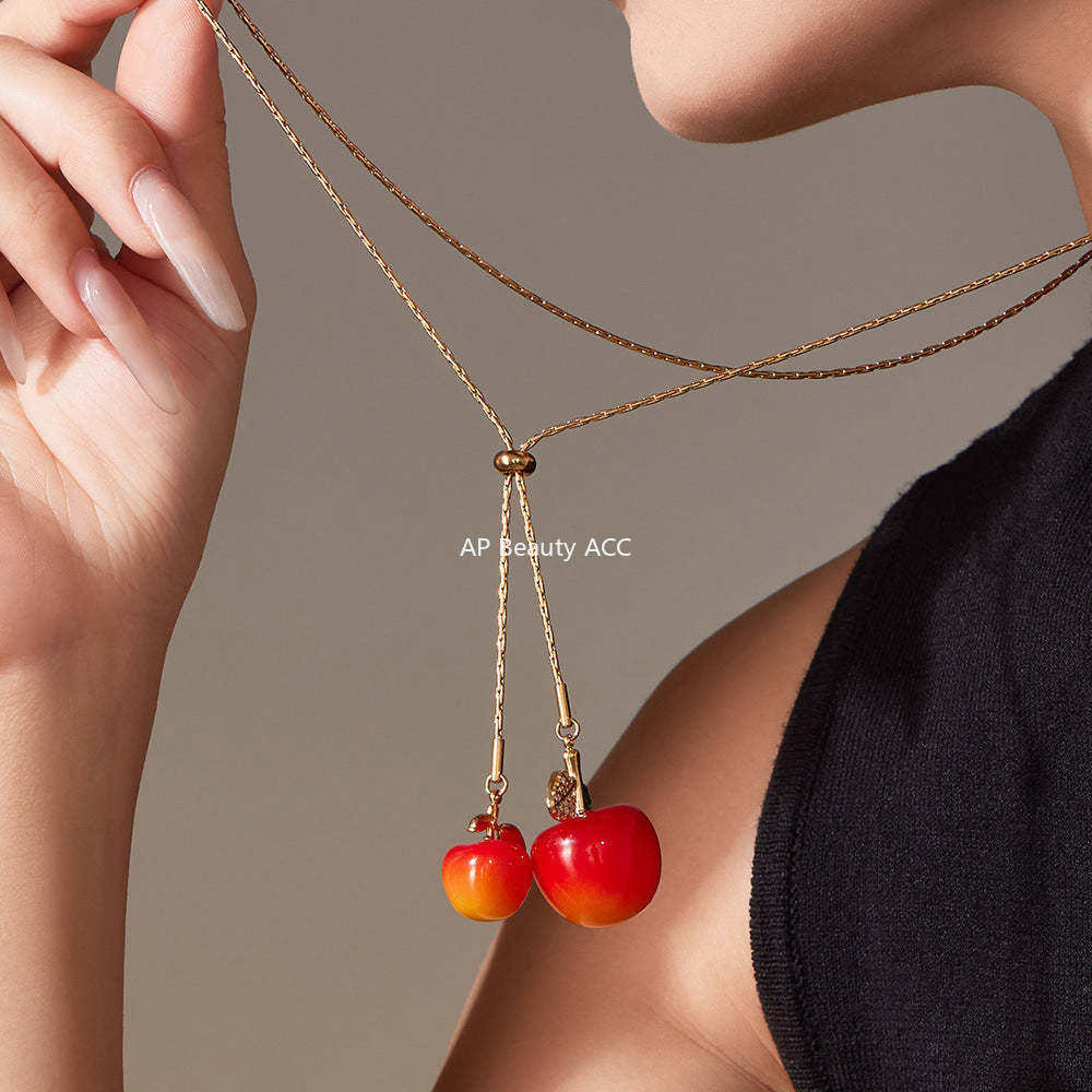 B廠-5A鋯石抽拉大小櫻桃吊墜毛衣項鍊不鏽鋼鍍18k真金珠寶首飾「P1366」25.11-3