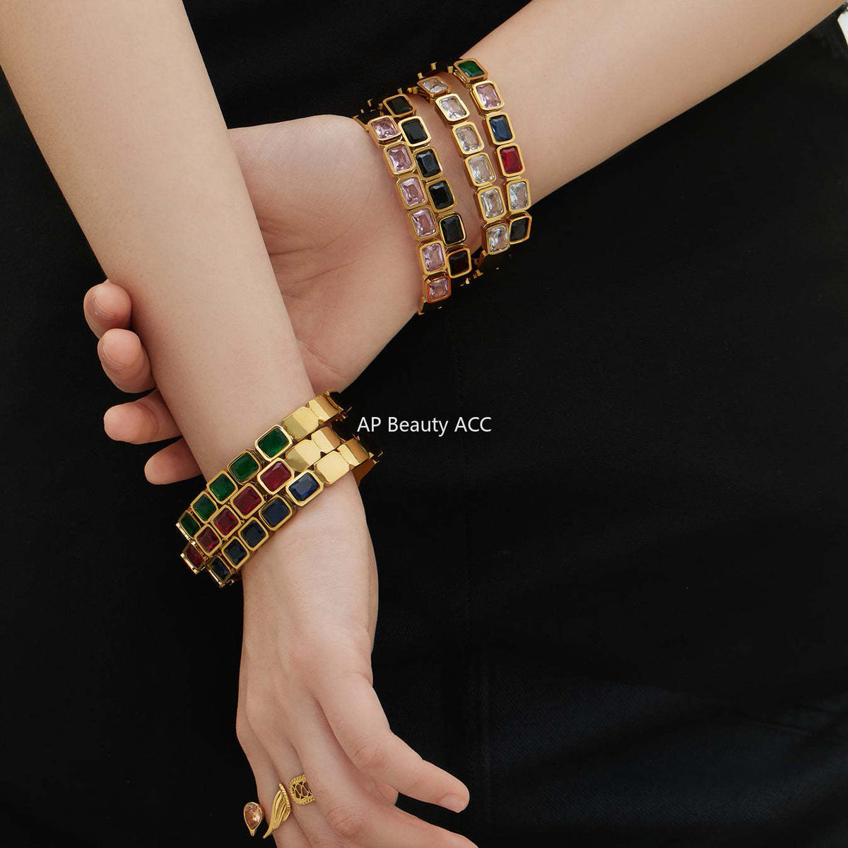 B廠-不鏽鋼方形彩色玻璃石手鐲ins小眾設計歐美潮酷飾品鍍18k金不掉色「Z518」25.12-2