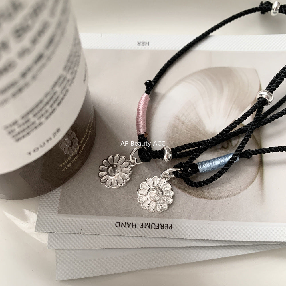 C廠-韓國東大門太陽笑臉花朵手工編織可調節編繩S925純銀手鍊「1538」25.11-2