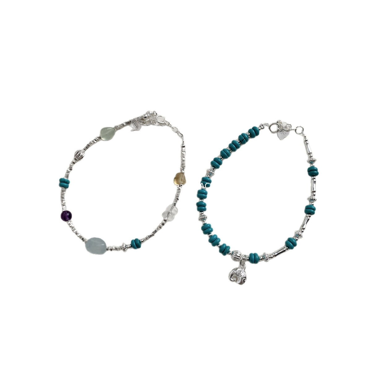 C廠-國朝新中式古風吉祥大象小象鋁鎂礦仿綠松石天然石S925純銀手鍊「1547-1548」25.11-2