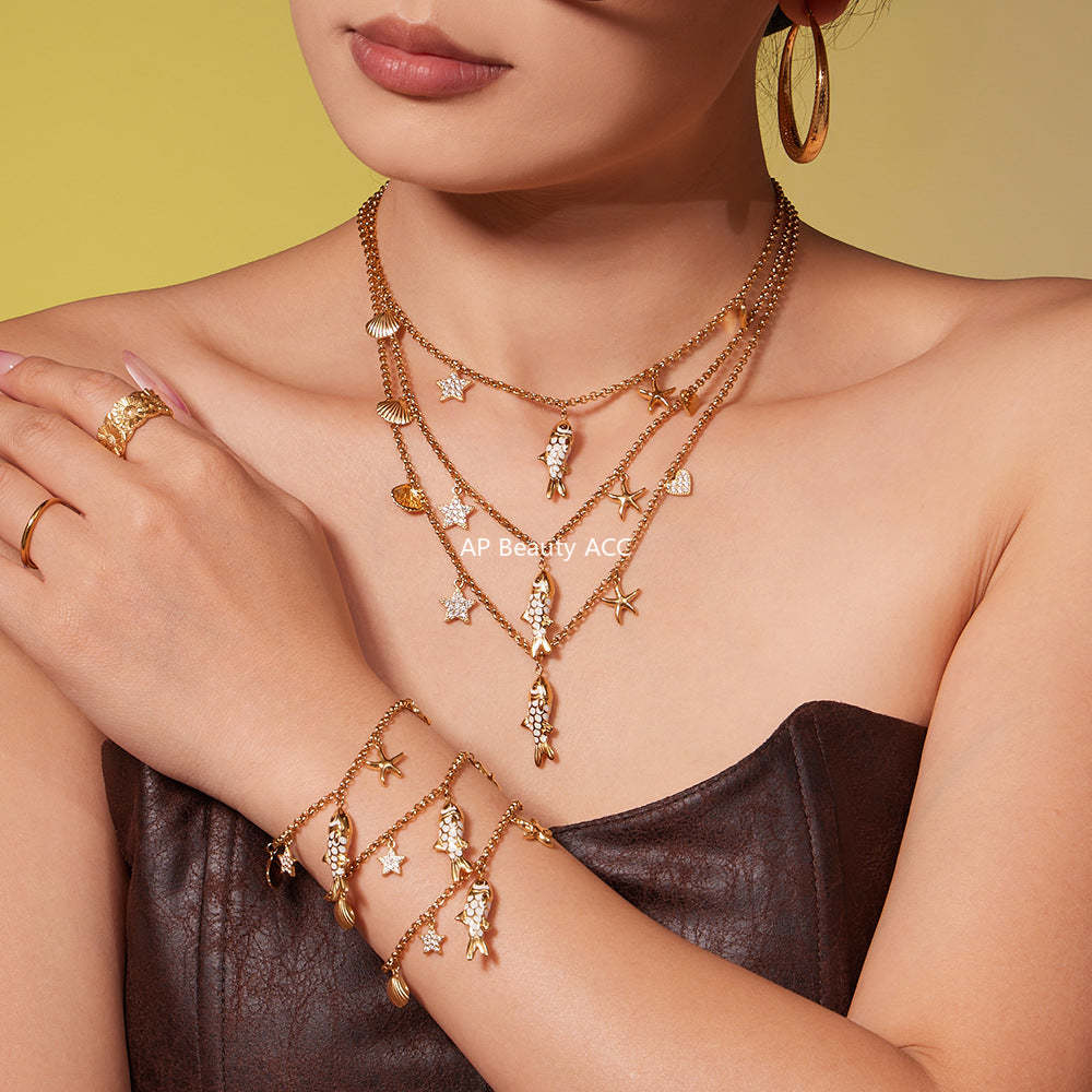 B廠-不鏽鋼ins小眾五角星鋯石滴油小魚兒多彩吊墜手鍊項鍊套裝「TXP484」25.11-4