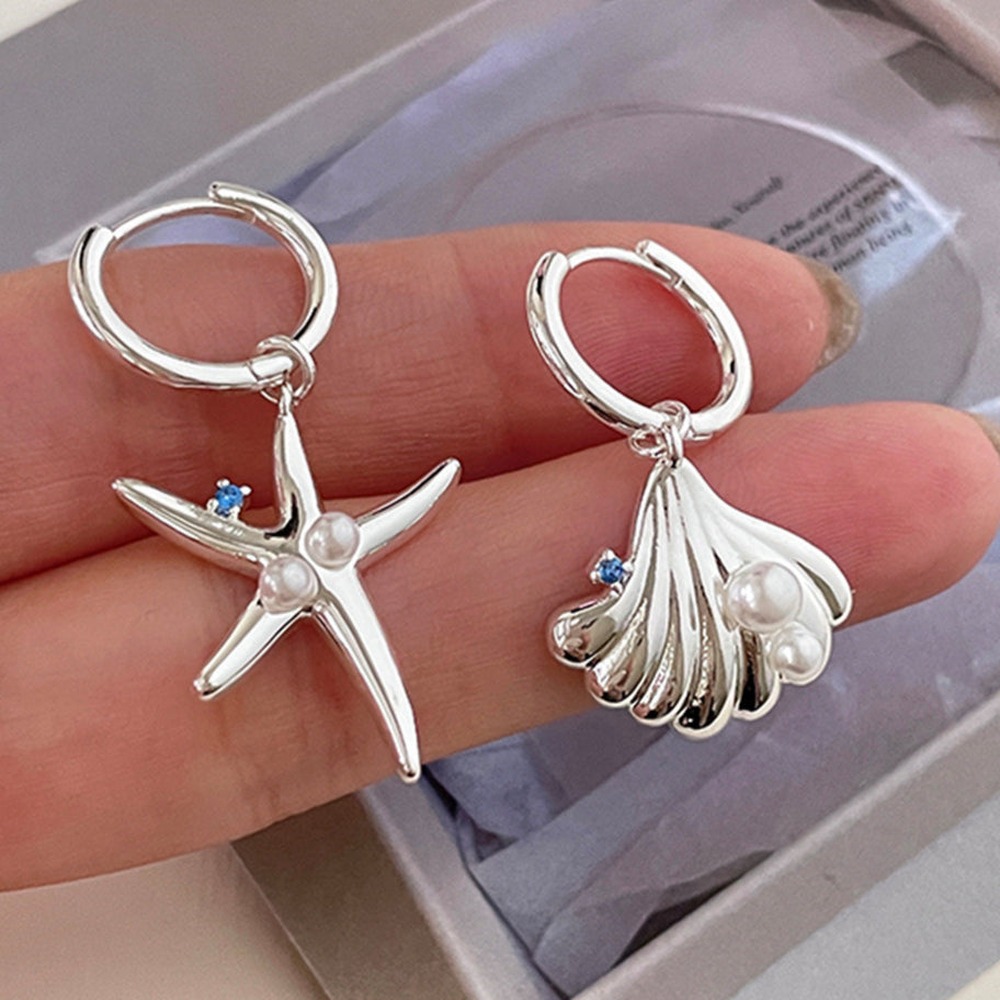 C廠-法式清冷感珍珠耳環女小眾時尚設計海星貝殼耳扣度假風不對稱耳飾「EH-3682」25.06-4