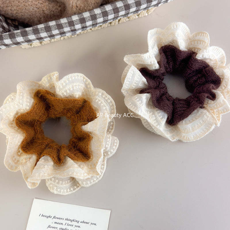 E廠-韓系慵懶風毛線針織蕾絲花邊雙層大腸髮圈女扎頭髮丸子頭髮繩頭繩「27716」25.11-4