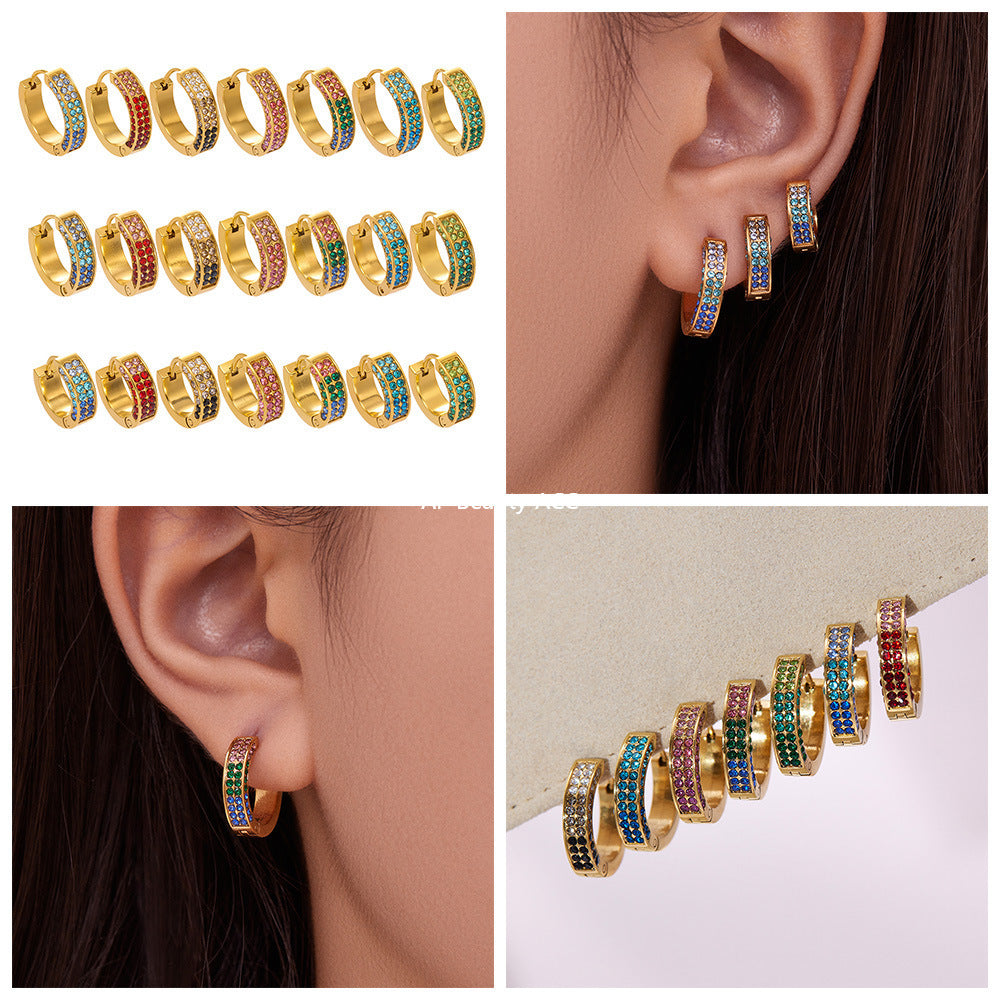 B廠-ins風高質量彩色5A鋯石圓圈卡扣耳環不鏽鋼鍍18k真金耳飾女「F930」25.11-2