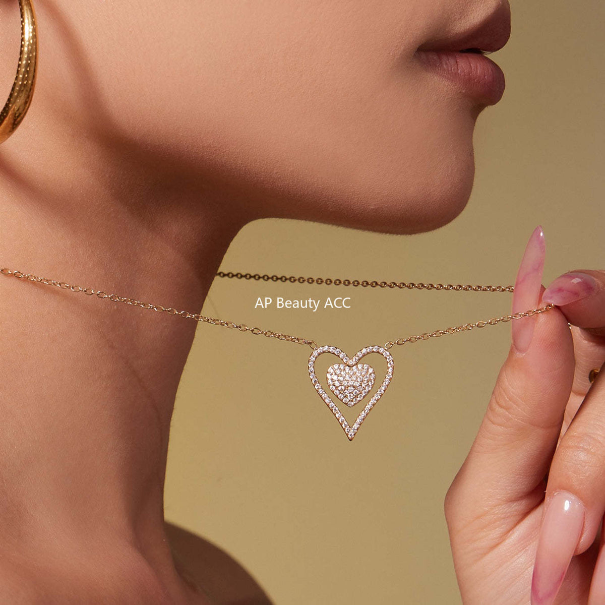 B廠-跨境新款靈動愛心滿鑽鋯石吊墜雙層鎖骨項鍊不鏽鋼鍍18k金「P874」25.11-4