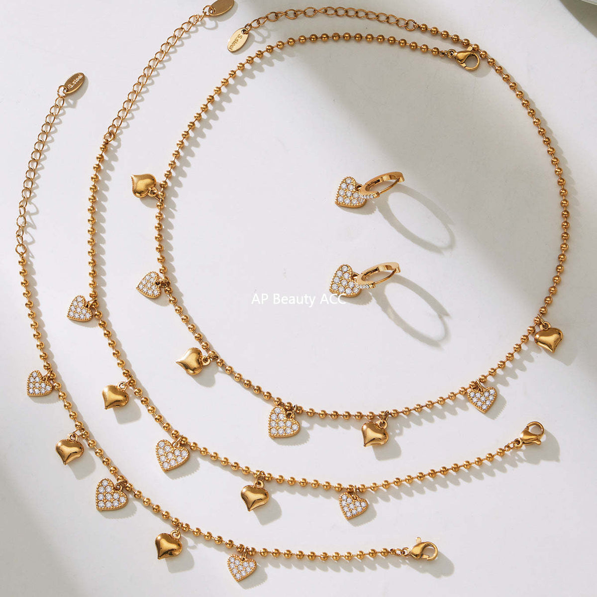 B廠-不鏽鋼愛心滿鑽鋯石吊墜耳環項鍊手鍊腳鏈套裝鍍18k真金歐美潮飾「TXP504」25.11-4
