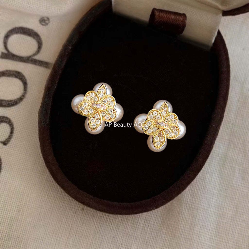 A廠-原廠鳶尾花微鑲鋯石925銀針鍍14K保色電鍍時尚高級感耳飾「7234」25.12-2