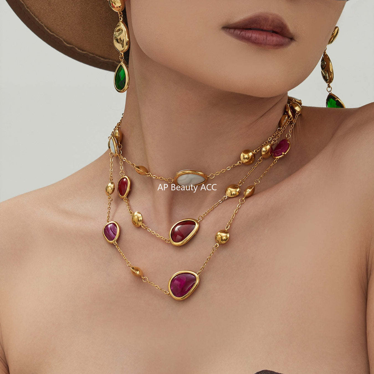 B廠-不鏽鋼彩色樹脂包邊項鍊5A鋯石愛心手鍊多巴胺飾品套裝鍍18k真金「TXP515」25.12-2