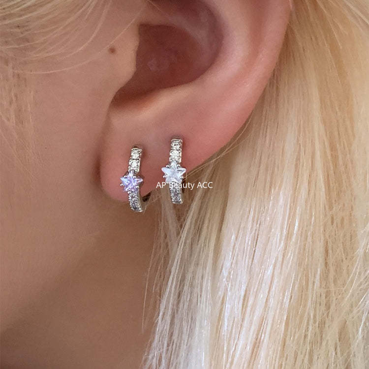 C廠-閃耀星星鋯石耳環女精緻百搭圈圈甜美鈦鋼耳圈設計感小眾甜酷簡約「EH-4333」25.12-1