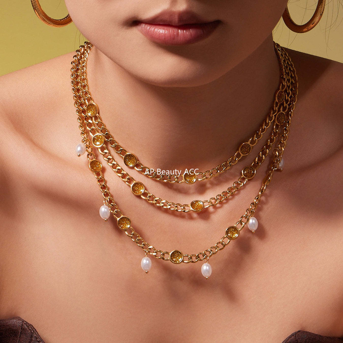 B廠-歐美熱銷款仿珍珠流蘇項鍊手鍊不鏽鋼鍍18k金ins小眾設計首飾套裝「TXP496」25.11-4