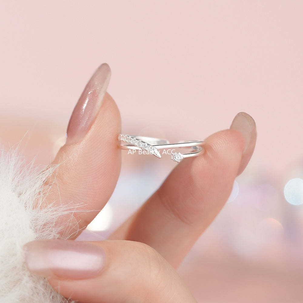 D廠-純銀S925甜美鋯石交叉戒指女簡約輕奢優雅溫柔文藝可愛指環批發「YC5308R_1」25.12-3