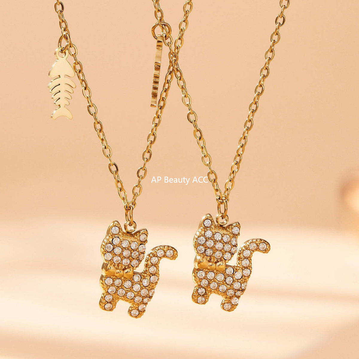 B廠-時尚可愛小貓帶鑽吊墜手鍊項鍊套裝不鏽鋼鍍18k真金不掉色「TXP464」25.11-3