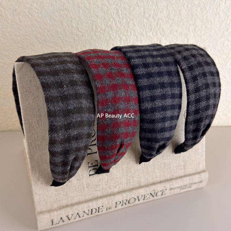 E廠-復古咖色格紋髮箍女日常外戴秋冬氛圍感寬邊頭箍高顱頂髮箍新款女「27632」25.11-1