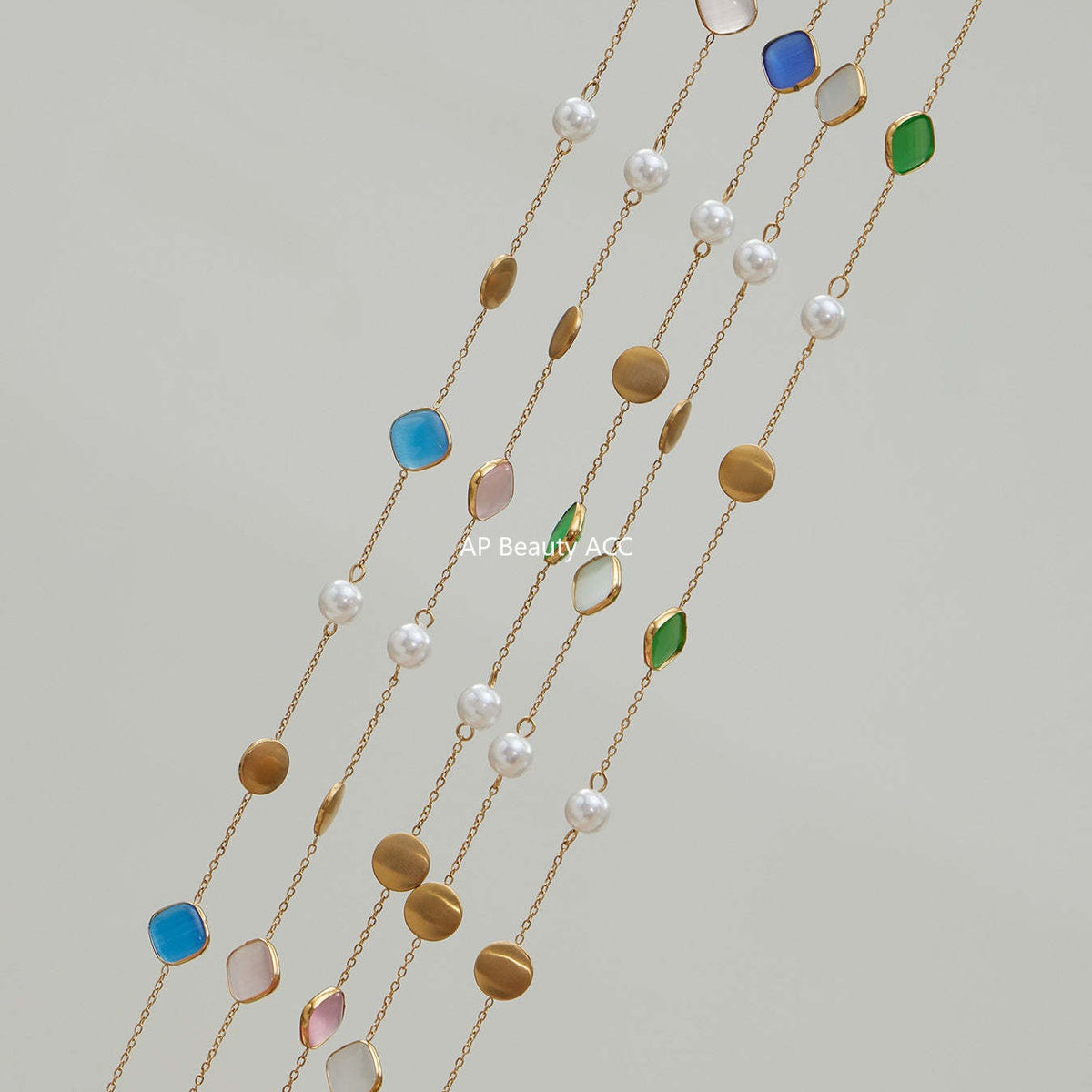 B廠-不鏽鋼貓眼石多色手工串膠珠鎖骨項鍊鍍18k真金質感女款珠寶首飾「P822」25.12-2