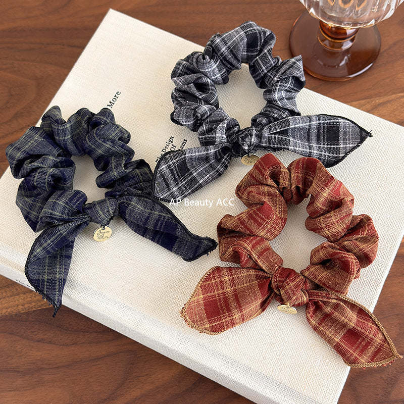 E廠-復古格紋學院風蝴蝶結髮圈減齡時尚百搭髮繩皮筋小腸髮圈頭飾品「27646」25.11-1