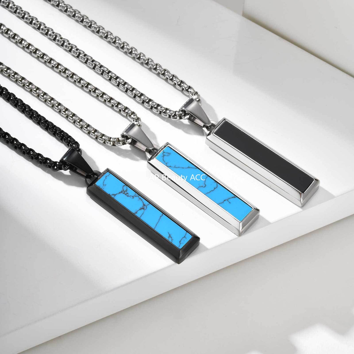 G廠-批發歐美跨境男士時尚百搭不鏽鋼瑪瑙綠松石幾何吊墜項鍊「PN-2221」25.11-1