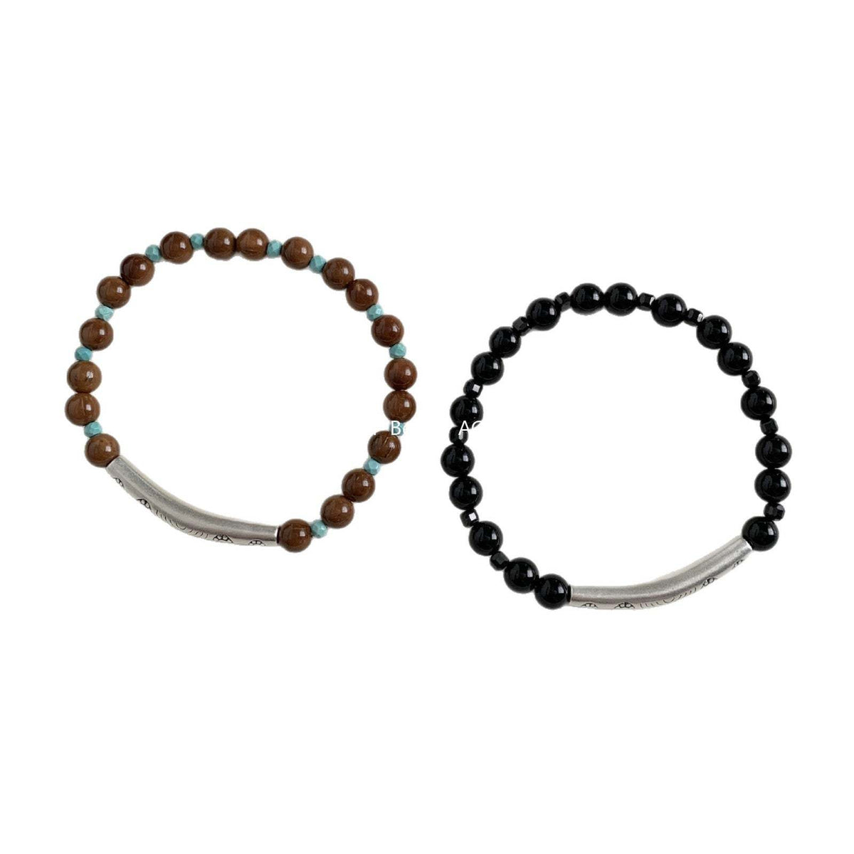 C廠-藏式古風花朵半鐲手鍊黑尖晶黑瑪瑙鋁鎂礦菩提彈力手串S925銀手鍊「1612」25.11-4