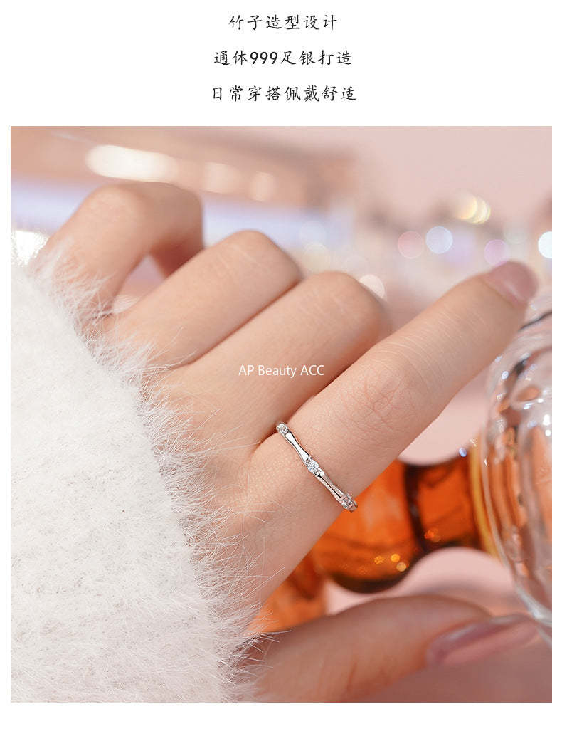 D廠-S999純銀新中式竹節鋯石戒指女國風小眾文藝復古百搭電鍍指環「YC5258R_1」25.12-2