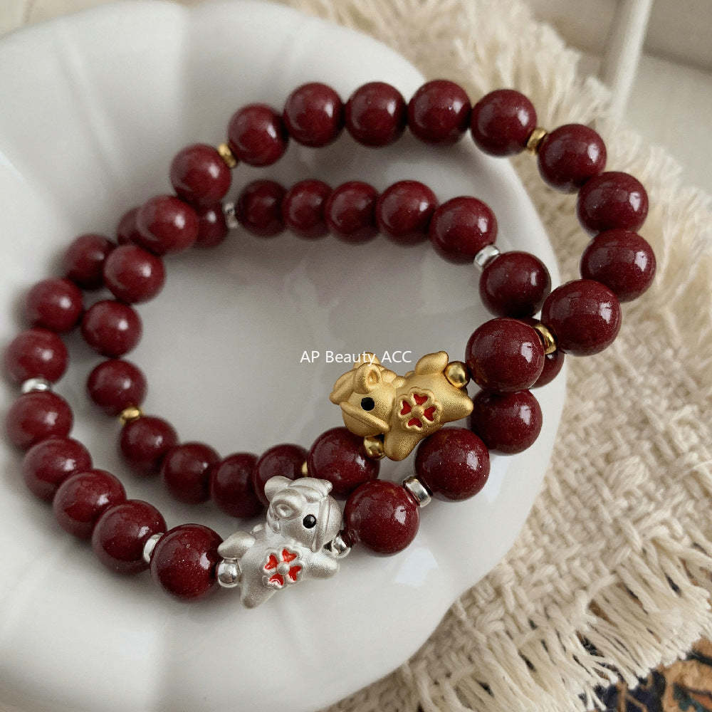 C廠-高含量天然朱砂手鍊女本命年屬馬生肖馬年琺瑯四葉草紫金砂手串「1638」25.12-3