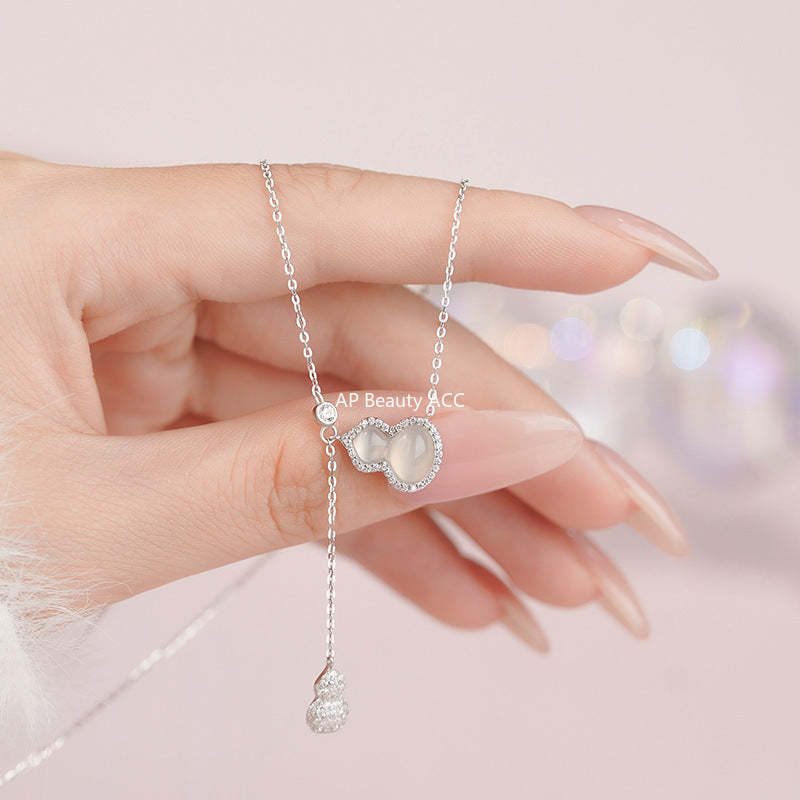 D廠-S925純銀葫蘆玉髓流蘇項鍊簡約百搭高級吊墜新中式鎖骨鏈批發「YC2023N_1」25.10-5