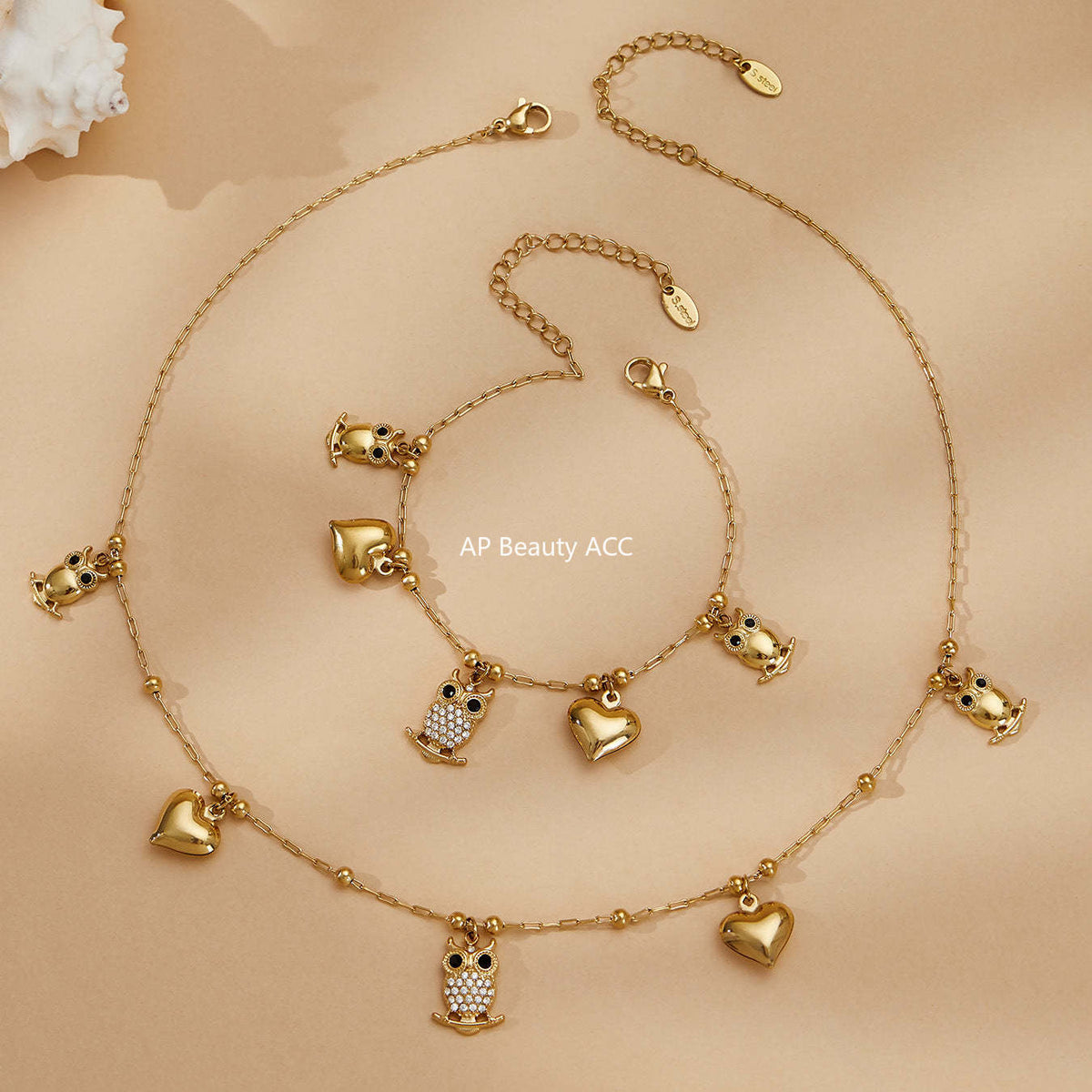 B廠-不鏽鋼貓頭鷹鑲鋯石DIY多配件愛心吊墜項鍊手鍊首飾套裝鍍18k真金「TXP528」25.12-3