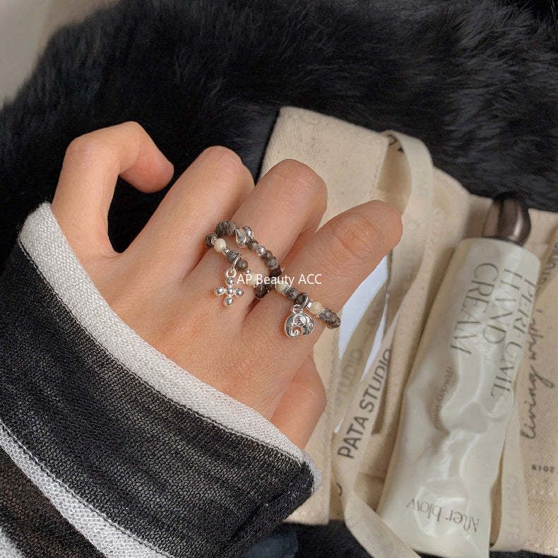 C廠-韓國輕奢小眾老花四葉草糖果十字架愛心大象米珠彈力S925純銀戒指「RC」25.11-4