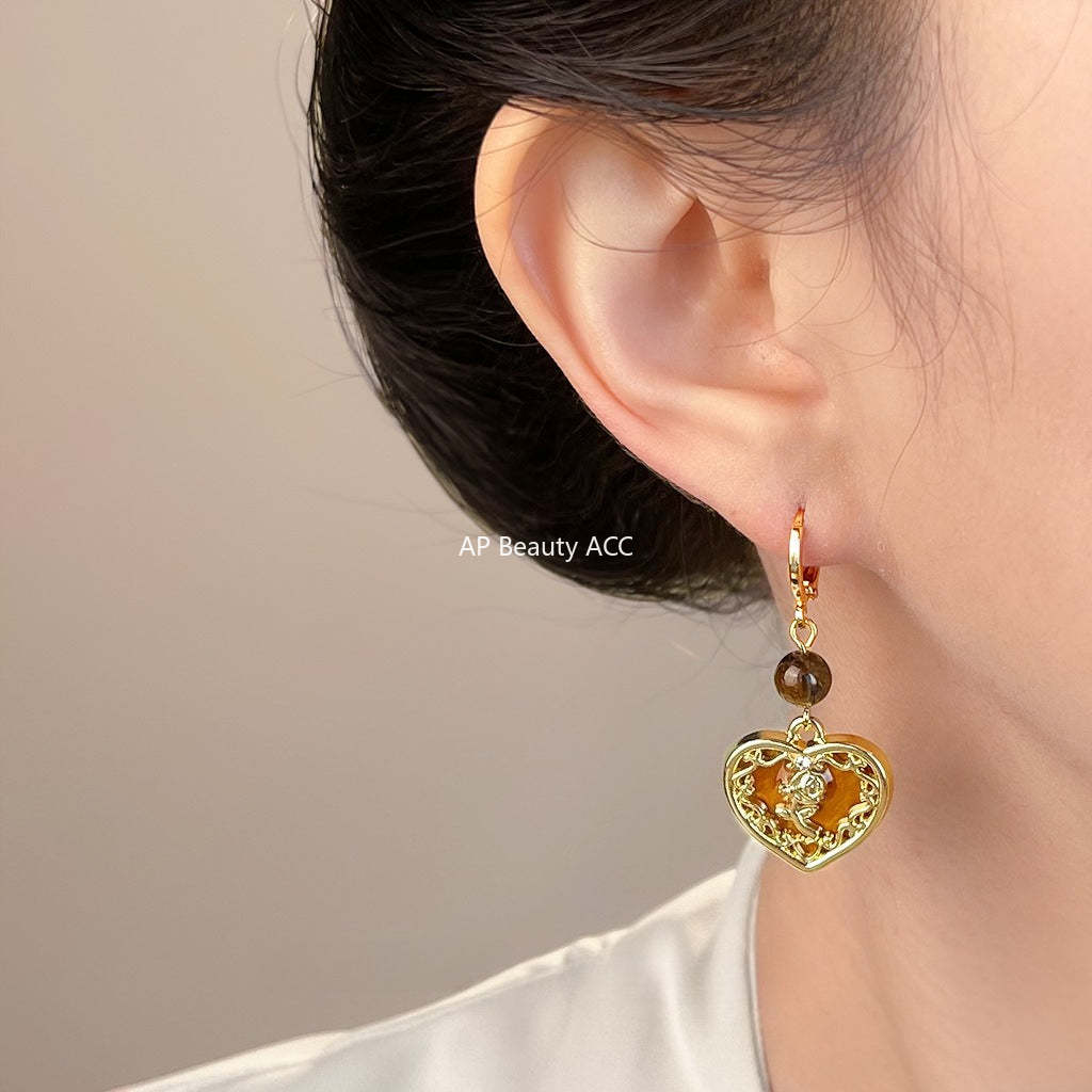 A廠-文藝復古美拉德風愛心玫瑰花中古風新款耳環手工耳環女飾品「7148」25.11-4