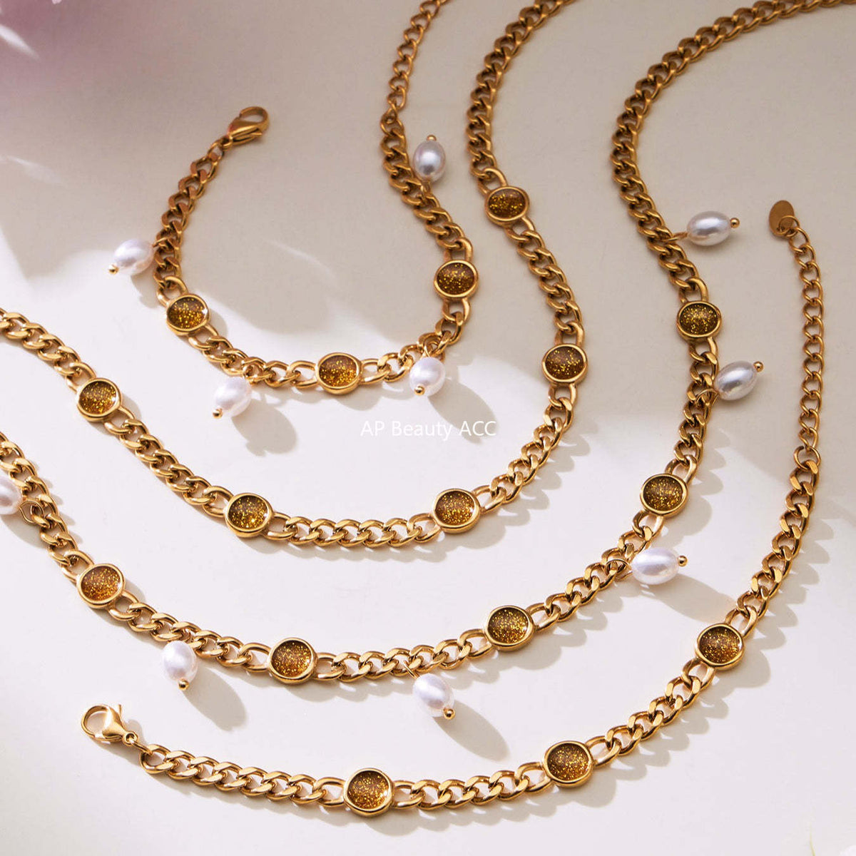 B廠-歐美熱銷款仿珍珠流蘇項鍊手鍊不鏽鋼鍍18k金ins小眾設計首飾套裝「TXP496」25.11-4