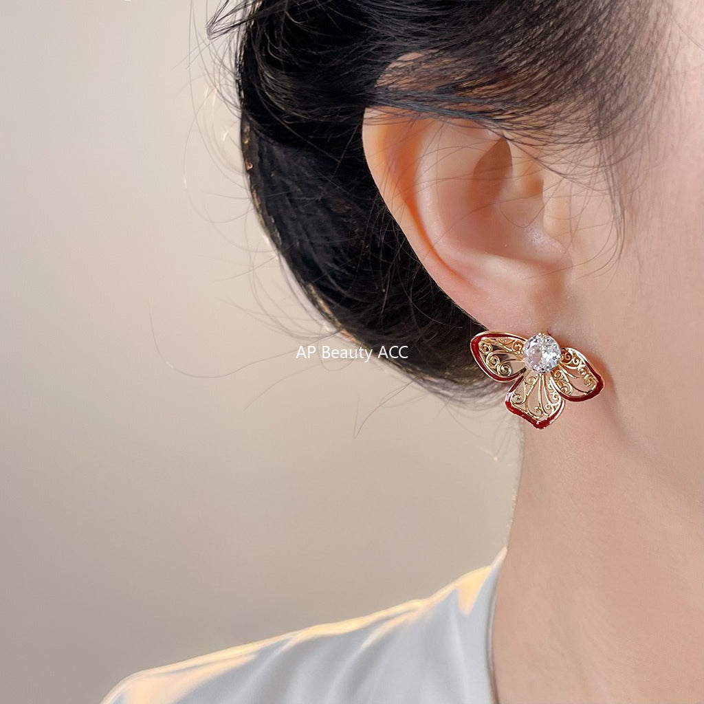 A廠-新中式文藝復古微鑲鋯石925銀針琺瑯滴釉鏤空花朵新款爆款耳飾「7071」25.11-2