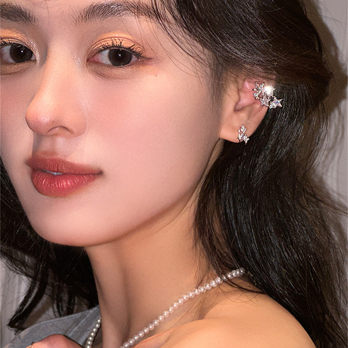 C廠-超閃鋯石大小五角星拼接無耳洞耳骨夾女小眾設計高級感冷淡風耳飾「EH-3843」25.08-3