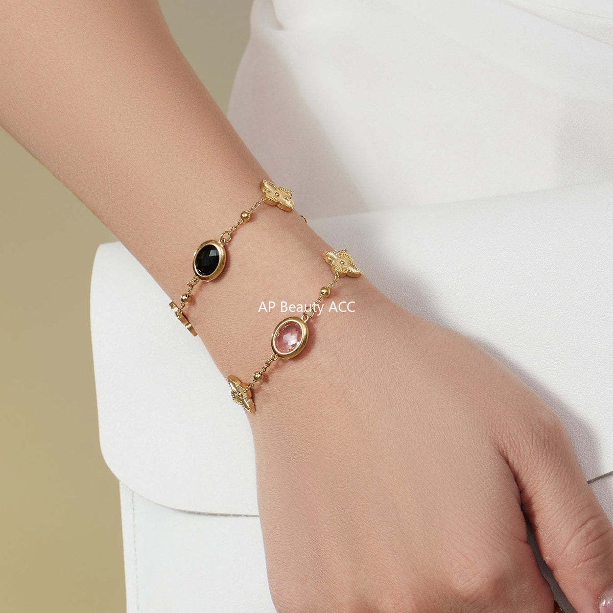 B廠-不鏽鋼十字夾珠鏈橢圓包邊切面玻璃石項鍊耳環首飾套裝鍍18k真金「TXP506」25.12-1