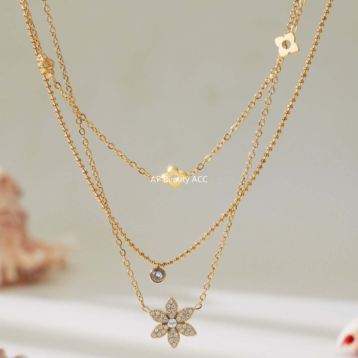 B廠-簡約時尚花朵滿鑽鋯石吊墜雙層疊戴項鍊不鏽鋼手鍊戒指套裝「TXP492」25.11-4