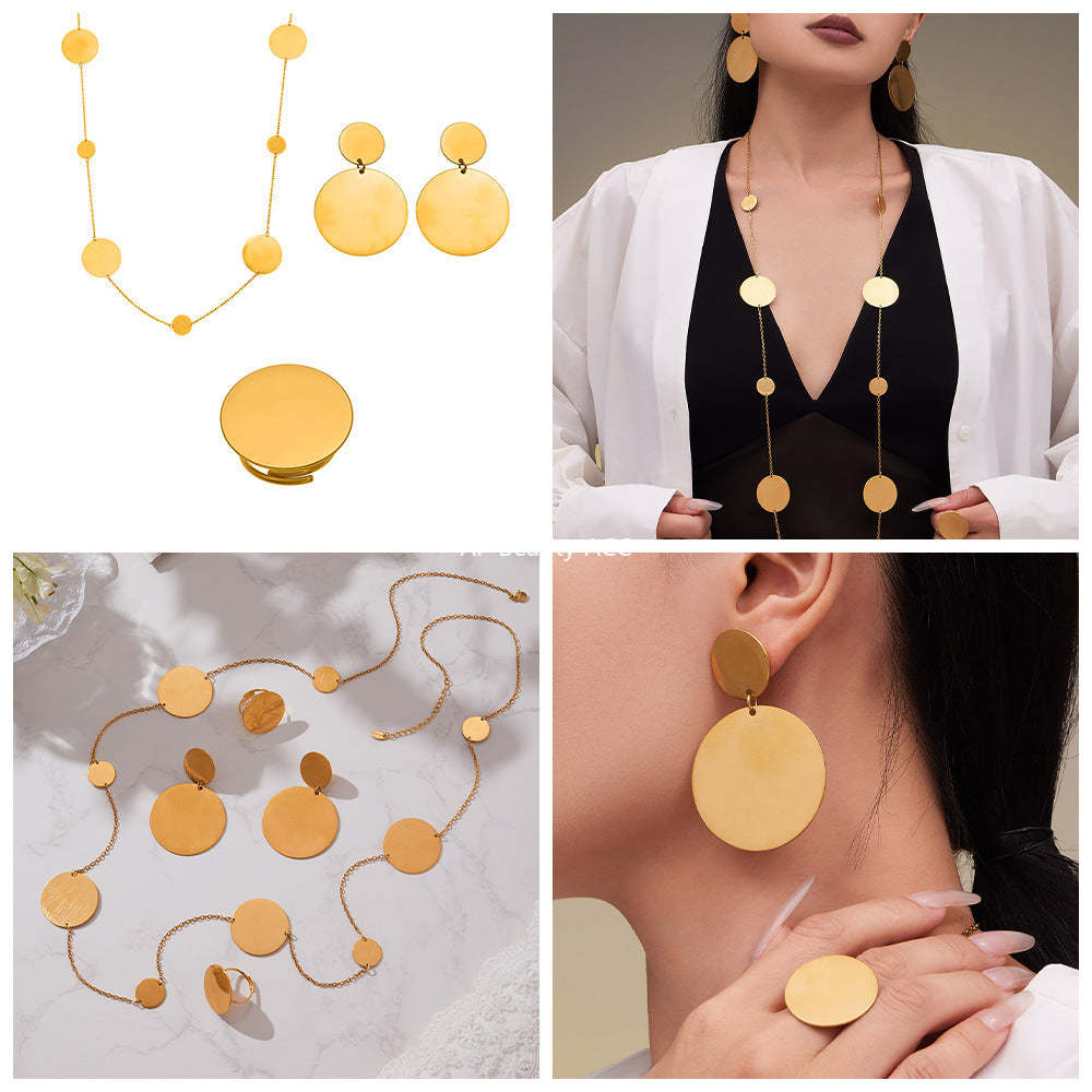 B廠-歐美簡約不鏽鋼大小圓圈項鍊耳環戒指套裝鍍18k金珠寶首飾「TXP458」25.10-5