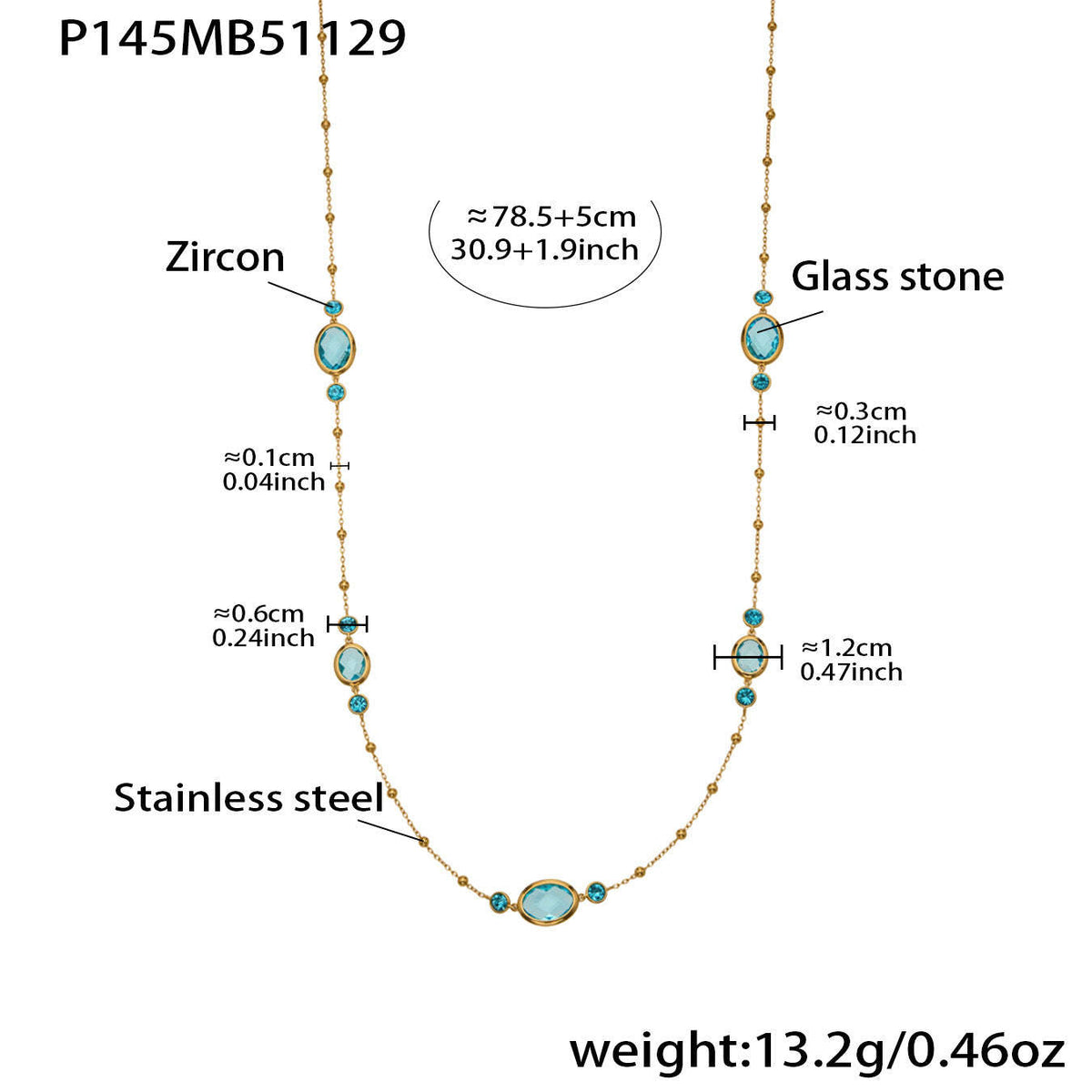 B廠-不鏽鋼十字夾珠鏈橢圓包邊切面玻璃石項鍊耳環首飾套裝鍍18k真金「TXP506」25.12-1