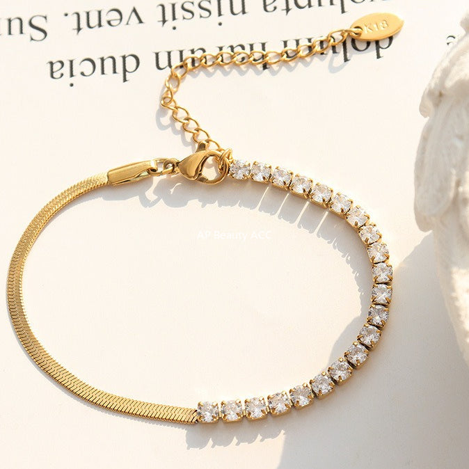 B廠-歐美不掉色精緻氣質帶鑽鋯石鑲嵌拼接刀片鏈鍍金項鍊手鍊首飾套裝「P281-E326」25.11-2