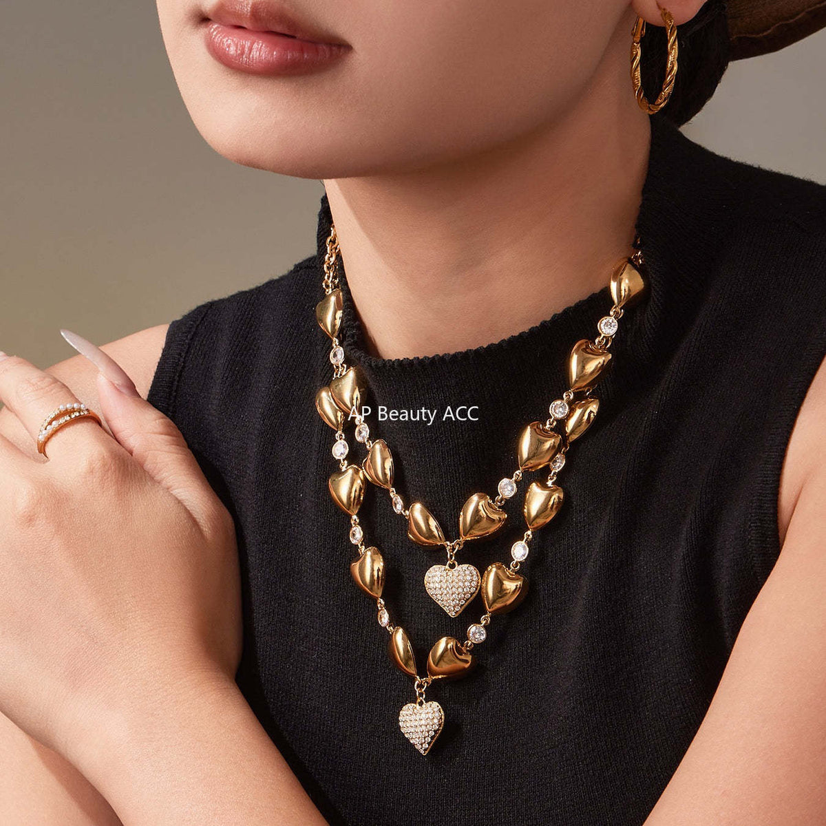 B廠-重工高質5A鋯石愛心滿鑽不鏽鋼空心項鍊鍍18k真金珠寶首飾「P1344」25.11-3